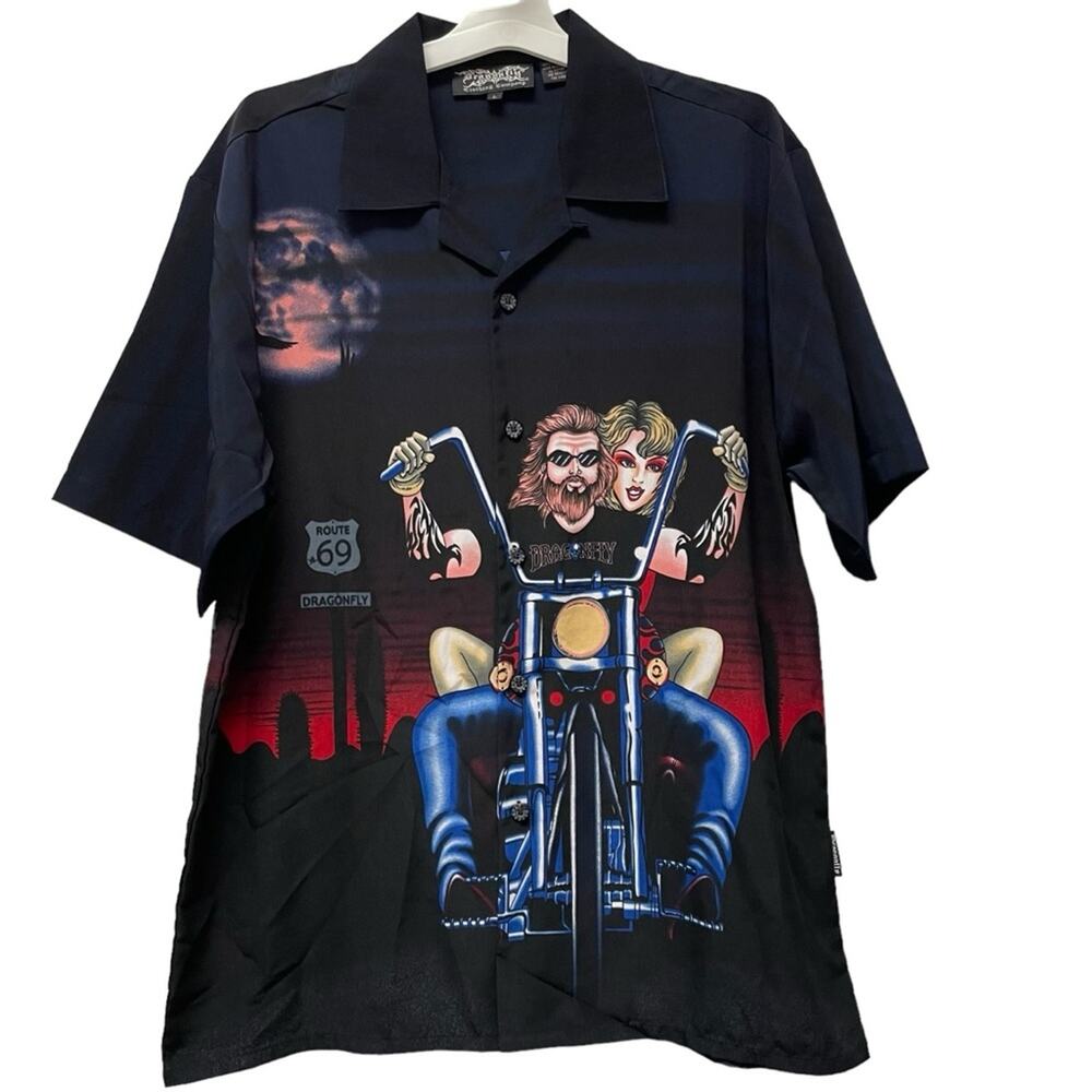VTG. Dragonfly Mens Shirt‎ Large Biker Babe Route 69 Tassel AOP Retro Moto